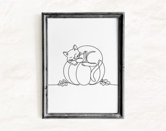Sleeping Cat Pumpkin Line Art Printable Nursery Wall Art, One Line Drawing SVG PNG Clipart, Cute Fall Kids Room Decor, Digital Download