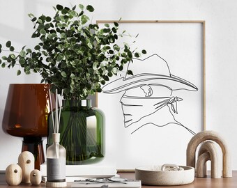 Cowboy Print, Country Line Art, Western Room Decor, Simple One Line Drawing, Modern Wild West Wall Art, West Cowboy SVG & PNG Clipart