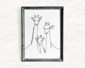 Illustration murale imprimable « Famille au trait », dessin minimaliste d'une girafe, motif animalier safari pour chambre d'enfant, téléchargement numérique.