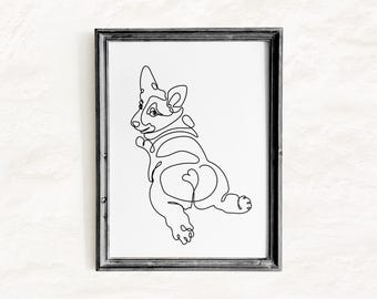 Corgi Line Art Printable Wall Art, One Line Dog Drawing, Minimalist Corgi Print, Dog Lover Gift, Black and White Dog Decor, Digital Download