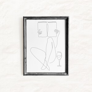 Girl Reading Book Line Drawing, Minimalist Female Art, Wine Glass Print (Digital Download)