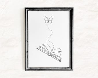 Book & Butterfly Print, Reading One Line Drawing, Bookish Print Set, Bookworm Printable Art, Book Wall Art, Book Lover Gift, Book Line Art