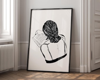 Woman Reading Poster, Book Lover Wall Art Print, Reading Nook Library Decor, Whimsical Retro Girly Poster, Cozy Bedroom Art, Bed Reading