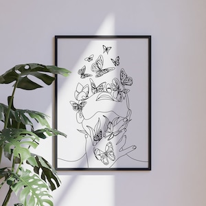 Butterfly Woman Line Art, Butterfly Woman SVG & PNG Clipart, Minimal One Line Printable, Women and Butterflies Print, Butterfly Line Art