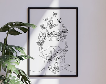 Butterfly Woman Line Art, Butterfly Woman SVG & PNG Clipart, Minimal One Line Printable, Women and Butterflies Print, Butterfly Line Art