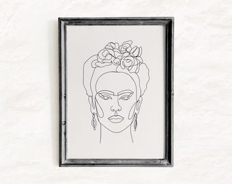 Affiche Frida Kahlo, dessin au trait à imprimer, poster féminin à imprimer, décoration murale Frida, art mexicain, décoration intérieure en noir et blanc [Téléchargement numérique]