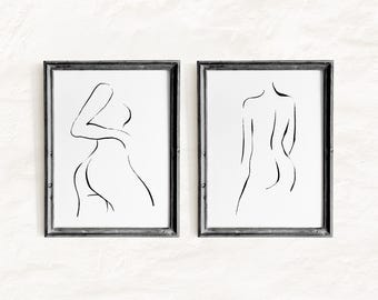 Female Line Art Printable Set of 2, Minimalist Nude Figure Wall Art, Abstract Woman Body Line Drawing, Bedroom Decor [Digital Download]