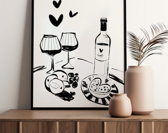 Romantic Food Ink Drawing | Valentine's Day Wall Art Printable | Retro Vintage Wine Decor | Drink Art | Minimal Poster | + SVG & PNG Clipart