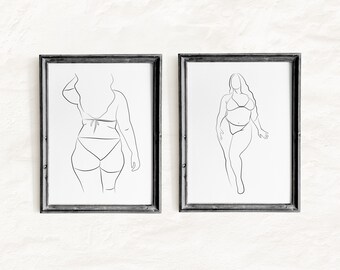 Curvy Female Line Art Printable Set, Body Positive Wall Art, Plus Size Woman Drawing, Modern Minimalist Digital Download