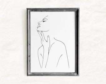 Female Profile Line Art Print, Minimalist Boho Woman Drawing, Black & White Versions (Digital Download)