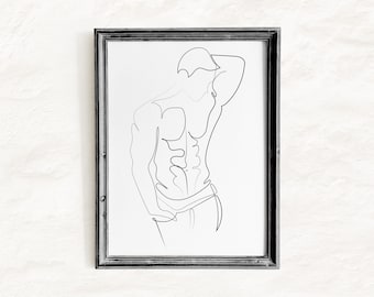 Shirtless Man Line Art Print, Sapphic Art, Line Drawing Printable, Male Body Pose Wall Art, Fit Gay Poster, Home Decoration, Queer, LGBTQ