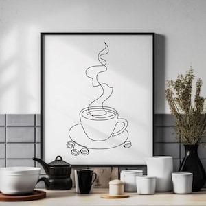 Cup of Coffee Line Art, Coffee Cup One Line Drawing, Coffee Mug SVG & PNG Clipart, Coffee Cup Poster, Cafe Printable, Coffee Bean Wall Art
