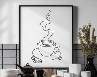 Cup of Coffee Line Art, Coffee Cup One Line Drawing, Coffee Mug SVG & PNG Clipart, Coffee Cup Poster, Cafe Printable, Coffee Bean Wall Art