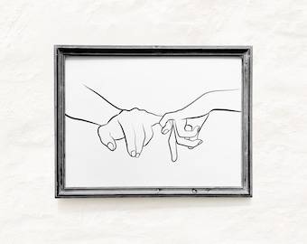Holding Hands Horizonal Line Art, One Line Couple Love, Couple Hand Touch, Couple Together Line Drawing, Romantic Art, Black & White