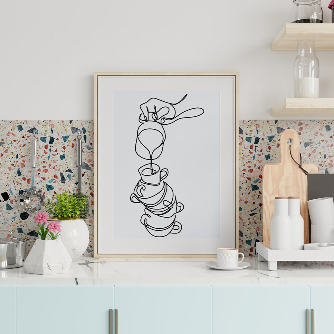 set of 8 kitchen prints, coffee print set, fork spoon... Coffee Print Set, Coffee Line Art, Cafe Printables, Set of 2 Cafe ...