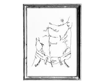 Male Body Line Art Print: Minimalist Gay Art, Shirtless Man Wearing Denim Jeans (Digital Download)