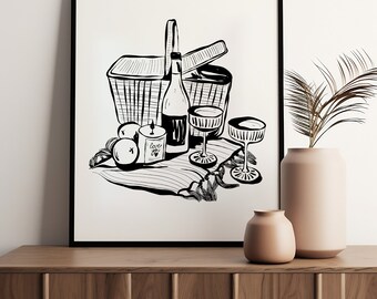 Picnic Box Line Art | Valentine's Day Wall Art Printable | Foody Couple Print | Outdoor Adventure | Nature Ink Drawing | + SVG & PNG Clipart