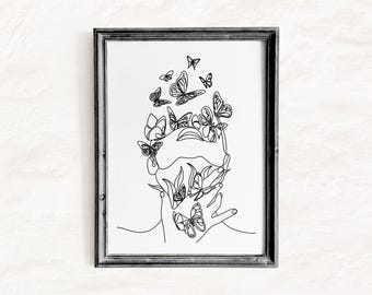 Butterfly Woman One Line Art Print, Minimalist Line Drawing Clipart (Digital Download)