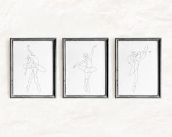Ballerina Line Art Printable Set of 3, Ballet Minimalist Black & White Art, Ballerina Line Drawing Print, Ballet Wall Decor, One Line Poster