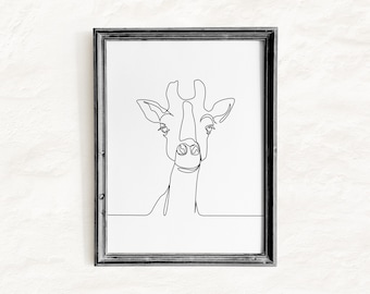 Illustration minimaliste de girafe à imprimer, dessin au trait, style safari, pour chambre d'enfant. Téléchargement numérique.