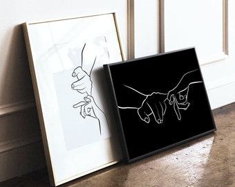 Holding Hands Line Art, One Line Couple Love, Couple Hand Touch, Couple Together Line Drawing, Romantic Line Art, Black & White Versions