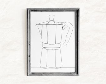 Illustrations de cafetières italiennes, art minimaliste, image à imprimer pour experts du café, illustration d'espresso, dessin au trait d'une cafetière, cliparts de machines à café (PNG et SVG).