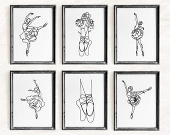 Ballerina Line Art Set of 6 Printable Wall Art, Floral Ballet Dancer SVG PNG Clipart, Minimalist Line Drawing Gallery Wall, Digital Download