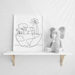 Mapa mundial de una línea, naturaleza de guardería imprimible, dibujo de línea de globo con animales de safari, decoración de pared de habitación para niños, arte de pared para bebés, imágenes prediseñadas PNG y SVG