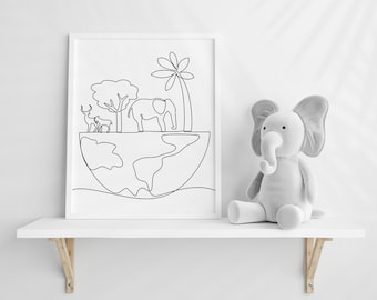 One Line World Map, Nursery Nature Printable, Globe Line Drawing with Safari Animals, Kids Room Wall Decor, Baby Wall Art, PNG & SVG Clipart