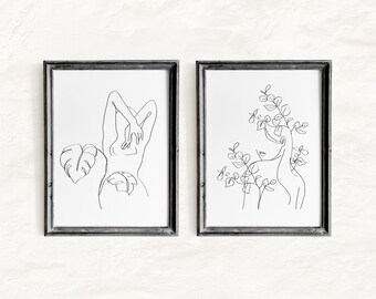 Ensemble d'illustrations au trait de silhouettes féminines, décor botanique (PNG, SVG)