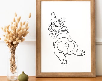 Corgi Print, Corgi One Line Art, Kawaii Corgi Butt Printable, Dog Line Drawing, Minimalistic Puppy Print, Pet Wall Art, Cute Dog Line Art