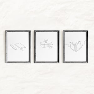 Set of 3 Minimalist Book Line Art Prints, Cozy Reading Wall Art (Digital Download)