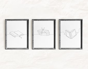 Set of 3 Minimalist Book Line Art Prints, Cozy Reading Wall Art (Digital Download)