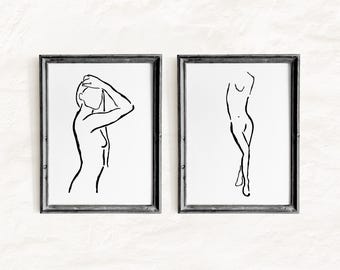 Woman Line Art Printable Set of 2, Minimalist Nude Figure Wall Art, Abstract Sensual Women Body Sketch, Bedroom Wall Decor, Digital Download
