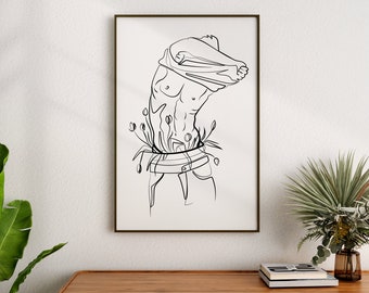 Man Line Art Print, Printable Wall Art, Line Art Print, Line Art Man, Male Body, Floral Art, Gay Art, Gay Print, Shirtless, Digital Download