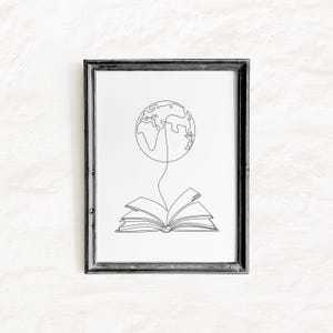Book Printable Wall Art, Book Line Drawing, Book World, Educational Art, Minimalist Wall Art, Reading Awareness, Globe Art, Kids Room Decor