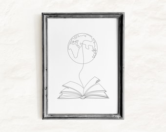 Book Printable Wall Art, Book Line Drawing, Book World, Educational Art, Minimalist Wall Art, Reading Awareness, Globe Art, Kids Room Decor
