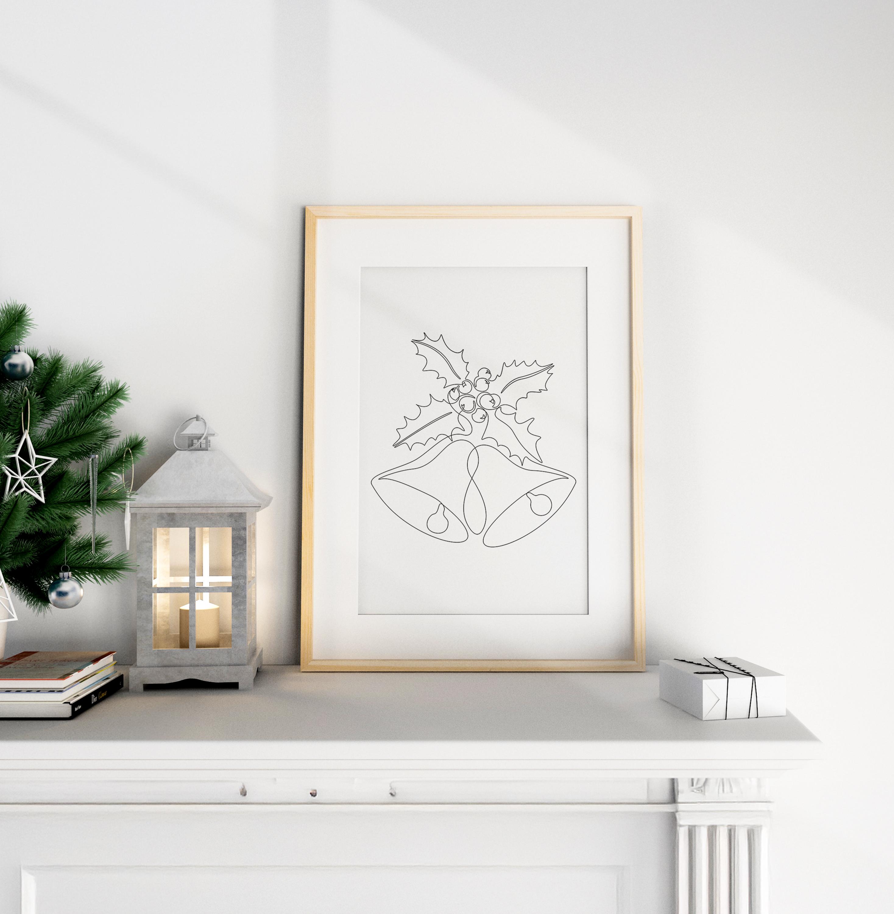 Christmas Bells Printable, Festive Line Art, New Year Wall Art, Holiday Decor, Instant Download, Moody Christmas Print, One Line Drawing