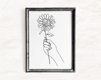 Illustration de tournesol au trait, dessin minimaliste, main tenant un tournesol, à imprimer. Téléchargement numérique JPG.
