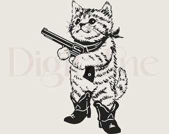 Vintage Cowboy Cat PNG SVG & Printable Wall Art, Kitten Western Cowboy Cowgirl Desert Style Sherrif, Retro Cowboy Cat Png, Cute Country Cat