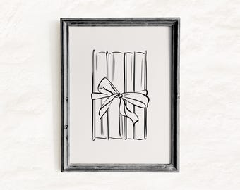 Le cadeau de la lecture, cadeau pour les amoureux des livres, illustration imprimable sur le thème des livres, dessin au trait, contour de livre style coquette, dessin au trait à la main sur le thème des livres avec nœud en ruban