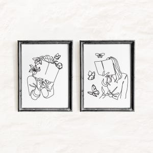 Set Of 2 Reading Women Line Art, Love Reading Poster, Bookworm Poster, Book Line Drawing, Woman Reading Decor, One Line Female (Digital Art) image 1