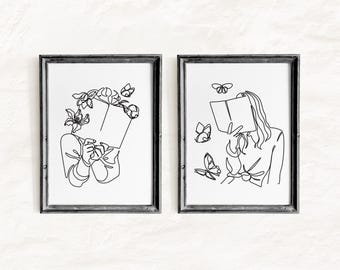 Set Of 2 Reading Women Line Art, Love Reading Poster, Bookworm Poster, Book Line Drawing, Woman Reading Decor, One Line Female (Digital Art)