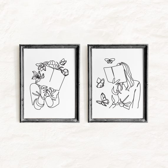 Set Of 2 Reading Women Line Art, Love Reading Poster, Bookworm Poster, Book Line Drawing, Woman Reading Decor, One Line Female (Digital Art)