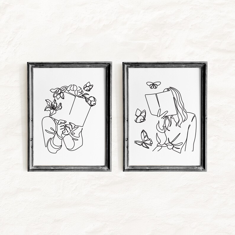 Set Of 2 Reading Women Line Art, Love Reading Poster, Bookworm Poster, Book Line Drawing, Woman Reading Decor, One Line Female (Digital Art) image 1