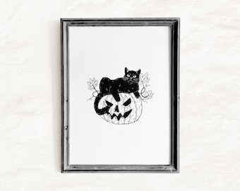 Black Cat Pumpkin Printable Wall Art, Halloween SVG PNG Clipart, Spooky Cat Jack O Lantern Print, Gothic Fall Decor, Digital Download