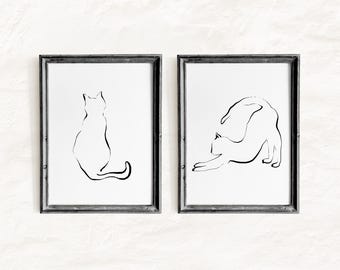 Dessins de chats au trait, ensemble de 2 décorations murales imprimables pour animaux de compagnie, art minimaliste et contemporain, impressions pour chambre et salon (téléchargement numérique)
