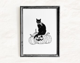 Cat & Pumpkin Printable Wall Art, Halloween SVG + PNG Clipart, Halloween Gift for Cat Lovers, Fall Home Decor, Digital Download