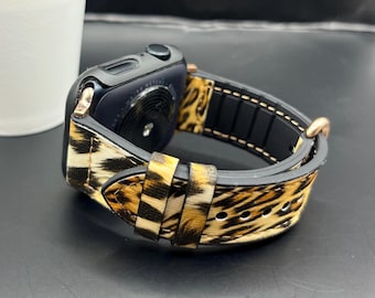 Leopard Print Apple Watch Band: Black & White PU Leather Strap