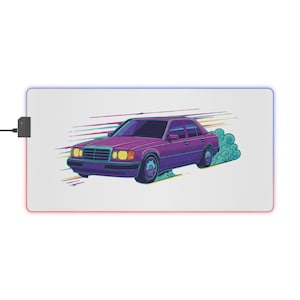 Alfombrilla de escritorio RGB Mercedes W124 / Alfombrilla de ratón retro Synthwave E200 / Configuración de juegos Youngtimer